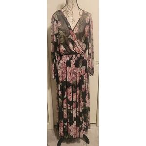 En Focus Women Black Pink Floral Mesh Maxi Dress 18W Long Sleeve Surplice V-Neck